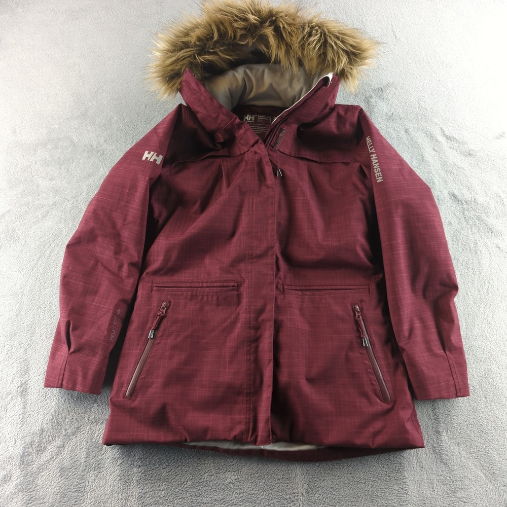 Helly Hansen Jacket Womens Small Red Maroon Tech Ski Insulated Coat Faux Fur